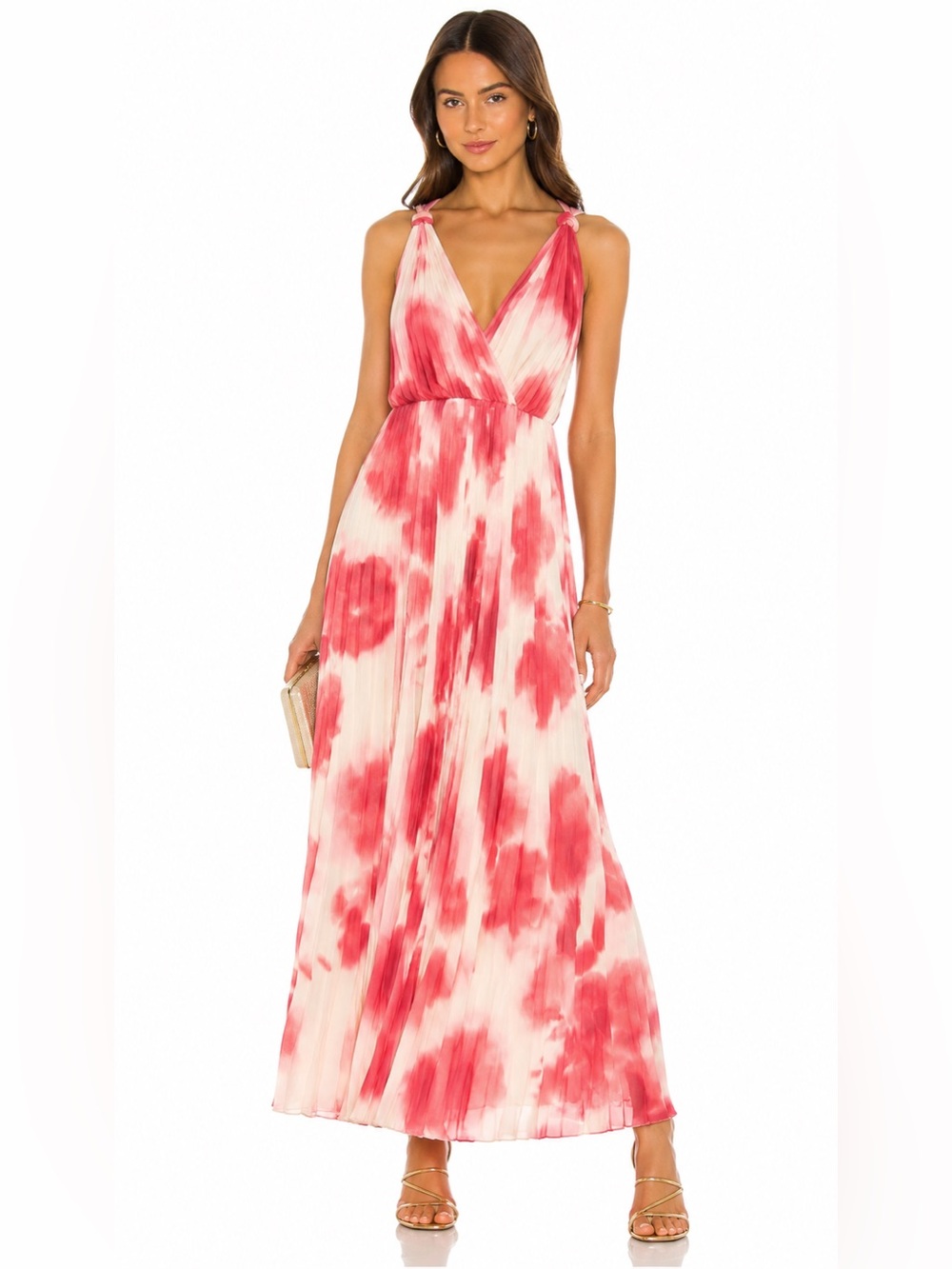 Mango Pink Watercolor Pleated Maxi Dress Large